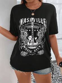 SHEIN Coolane Plus Guitar & Letter Graphic Drop Shoulder Lace Up Side Tee - Black - View 7
