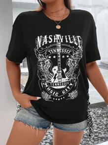 SHEIN Coolane Plus Guitar & Letter Graphic Drop Shoulder Lace Up Side Tee - Black - View 8