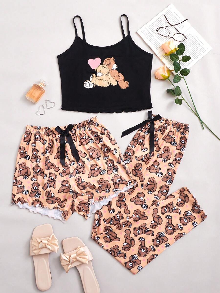 小熊印花吊帶背心和短褲和褲子睡衣套裝