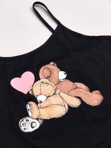 小熊印花吊帶背心和短褲和褲子睡衣套裝