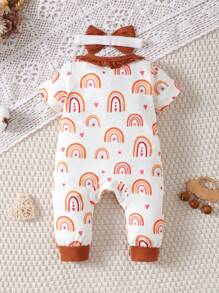 Baby Rainbow Print Ruffle Trim Contrast Binding Jumpsuit - White - View 2