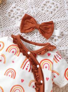 Baby Rainbow Print Ruffle Trim Contrast Binding Jumpsuit - White - View 4