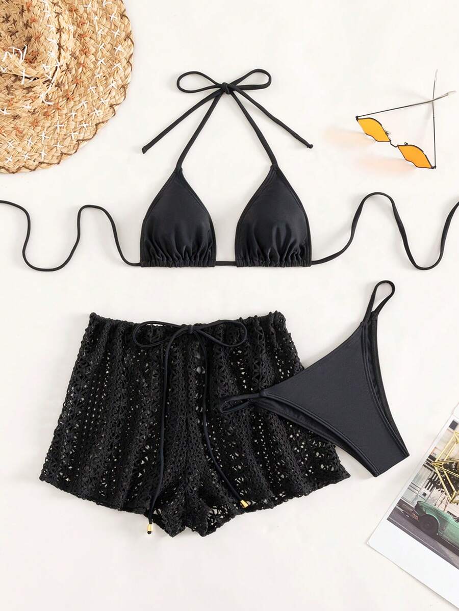 Bộ Bikini Nữ cắt Buộc lại màu trơn - màu đen - Xem 1