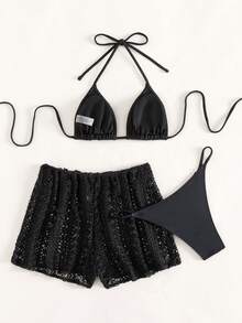 Bộ Bikini Nữ cắt Buộc lại màu trơn - màu đen - Xem 6