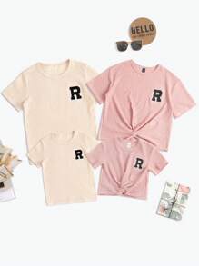 1入組字母貼布扭結下擺T恤 - 藕粉色 - 查看 3