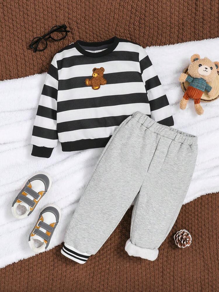Thicken Thermal Lined Casual Colorblock Striped Bear Applique Sweatshirt & Pants Set, Baby Boy, Fall/Winter
