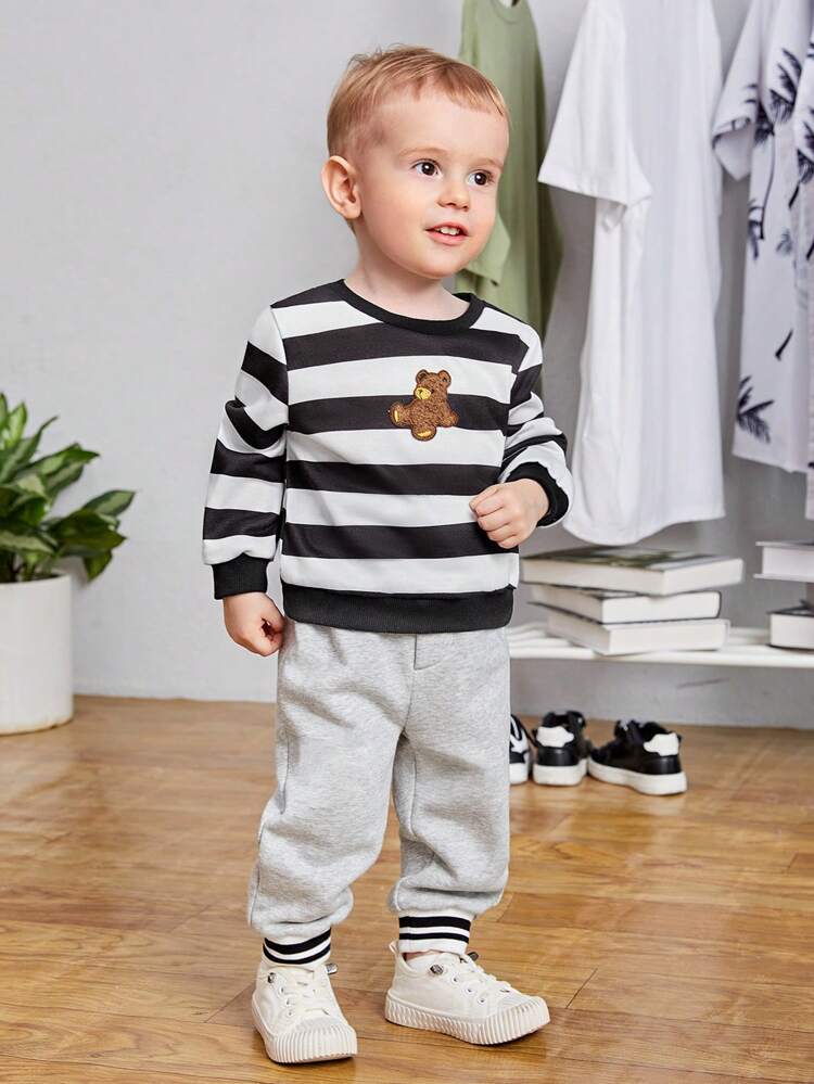 Thicken Thermal Lined Casual Colorblock Striped Bear Applique Sweatshirt & Pants Set, Baby Boy, Fall/Winter