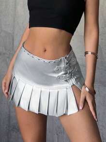 SHEIN ICON Low Rise Buckle Detail Pleated Hem PU Leather Skirt - Silver - View 3