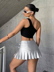 SHEIN ICON Low Rise Buckle Detail Pleated Hem PU Leather Skirt - Silver - View 4