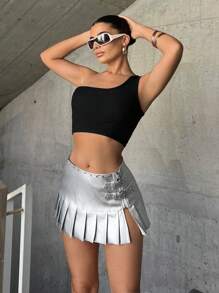 SHEIN ICON Low Rise Buckle Detail Pleated Hem PU Leather Skirt - Silver - View 6