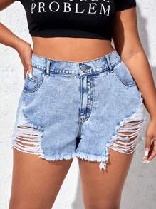 SHEIN EZwear 大碼破洞毛邊牛仔短褲 - 淺色水洗藍 - 查看 1