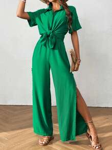SHEIN VCAY Split Thigh Cover Up Set - Green - View 1
