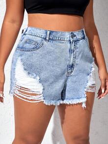 SHEIN EZwear 大碼破洞毛邊牛仔短褲 - 淺色水洗藍 - 查看 5