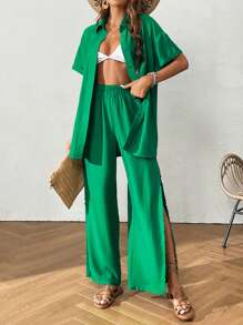 SHEIN VCAY Split Thigh Cover Up Set - Green - View 6