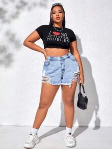 SHEIN EZwear 大碼破洞毛邊牛仔短褲 - 淺色水洗藍 - 查看 6