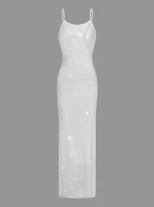 SHEIN Sweetina Vestido unicolor de muslo con abertura transparente - Blanco - Ver 1