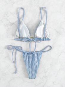 Solid Triangle Tie Side Bikini Set For Summer Beach - Blue - View 2