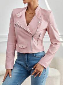 SHEIN PETITE Zip Up PU Leather Biker Jacket - Pink - View 1