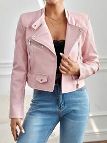 SHEIN PETITE Zip Up PU Leather Biker Jacket - Pink - View 3
