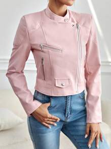SHEIN PETITE Zip Up PU Leather Biker Jacket - Pink - View 5