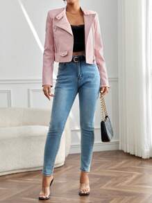 SHEIN PETITE Zip Up PU Leather Biker Jacket - Pink - View 6