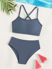Tween Girl Solid Criss Cross Bikini Set Summer Beach - Dusty Blue - View 1