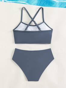 Tween Girl Solid Criss Cross Bikini Set Summer Beach - Dusty Blue - View 2
