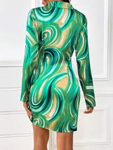 SHEIN Privé 大理石紋圖案側打結襯衫連衣裙 - 綠色 - 查看 2