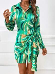 SHEIN Privé 大理石紋圖案側打結襯衫連衣裙 - 綠色 - 查看 6