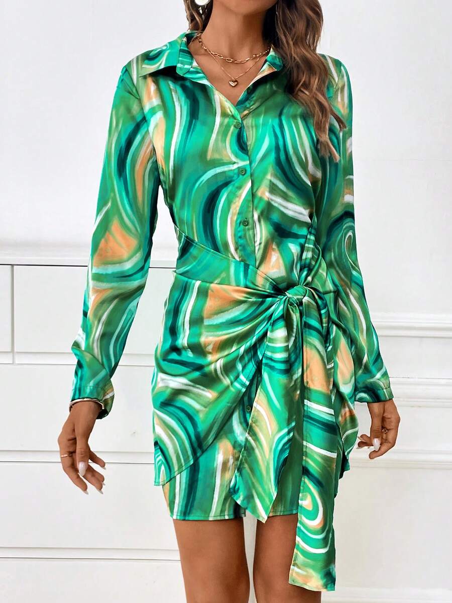 SHEIN Privé 大理石紋圖案側打結襯衫連衣裙 - 綠色 - 查看 1
