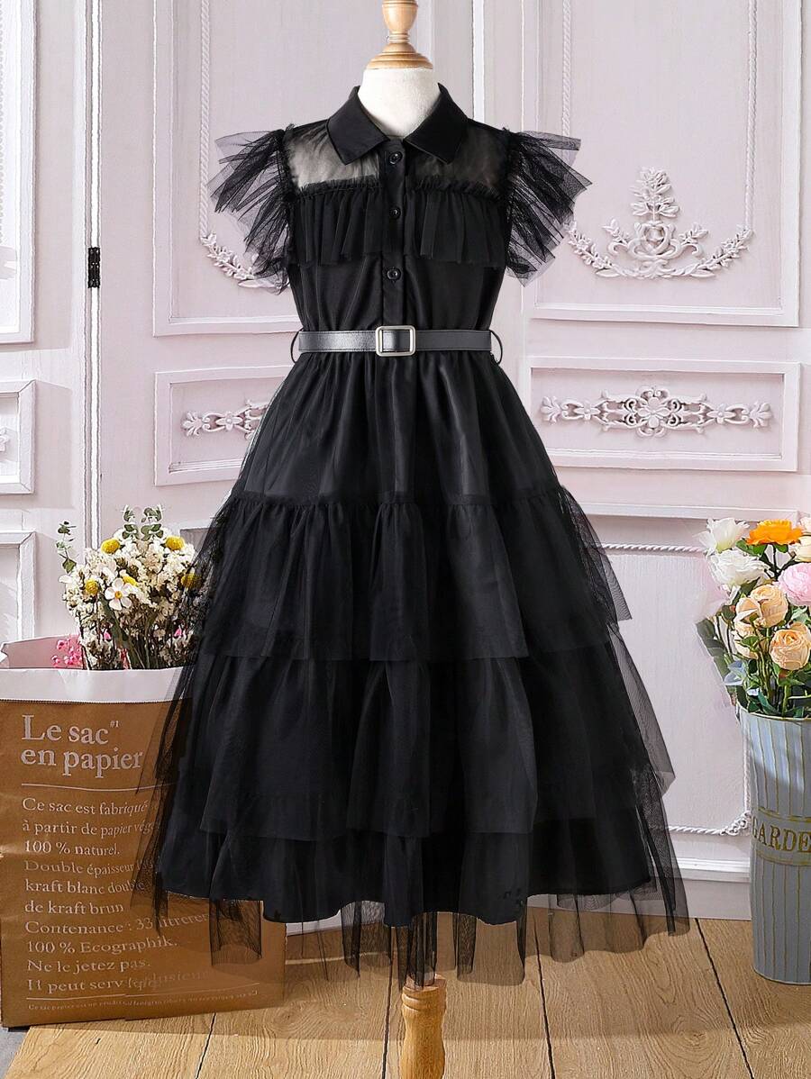 SHEIN Tween Girl Ruffle Trim Mesh Overlay Layer Hem Party Dress - Black - View 1