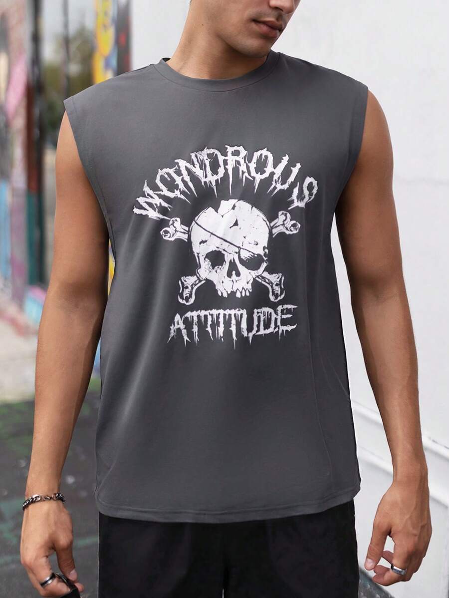 Manfinity RebelGame 男士骷髏頭和字母圖案背心上衣 - 深灰色 - 查看 1