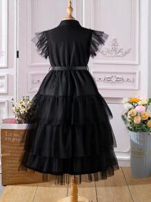 SHEIN Tween Girl Ruffle Trim Mesh Overlay Layer Hem Party Dress - Black - View 2