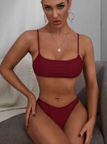 素色高衩比基尼泳裝 - 酒紅色 - 查看 1