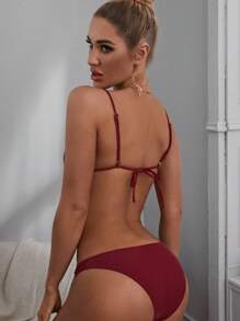 素色高衩比基尼泳裝 - 酒紅色 - 查看 2