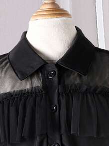 SHEIN Tween Girl Ruffle Trim Mesh Overlay Layer Hem Party Dress - Black - View 5