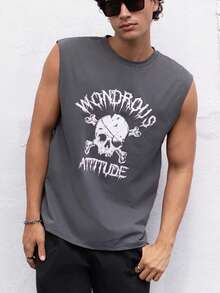 Manfinity RebelGame 男士骷髏頭和字母圖案背心上衣 - 深灰色 - 查看 4