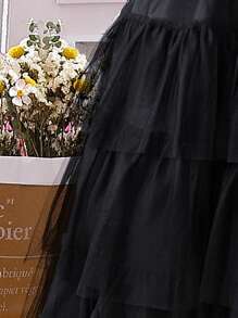 SHEIN Tween Girl Ruffle Trim Mesh Overlay Layer Hem Party Dress - Black - View 6