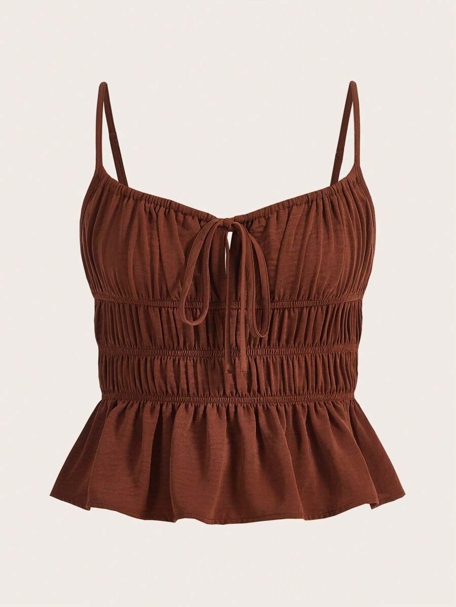 SHEIN EZwear 前繫帶荷葉邊吊帶上衣 - 咖啡棕 - 查看 1