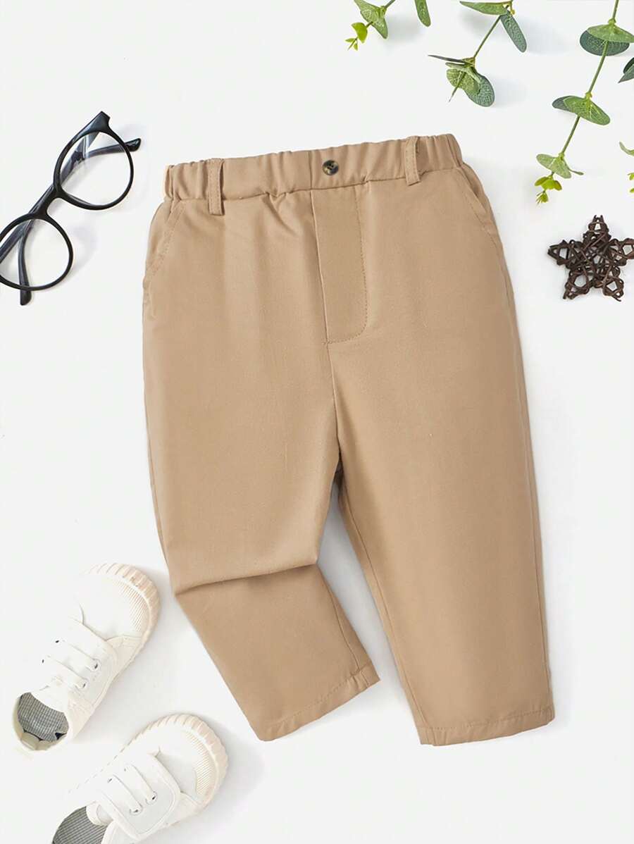 SHEIN Đứa bé trai Màu thuần Đường chéo Túi Quần , Thoải mái Và Dễ thương , Thích hợp Cho mùa hè - Màu Khaki - Xem 1