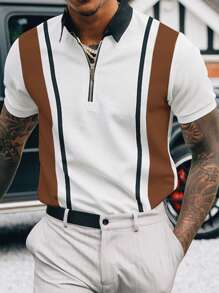 Manfinity Homme 男士撞色條紋印花1/4拉鍊POLO衫