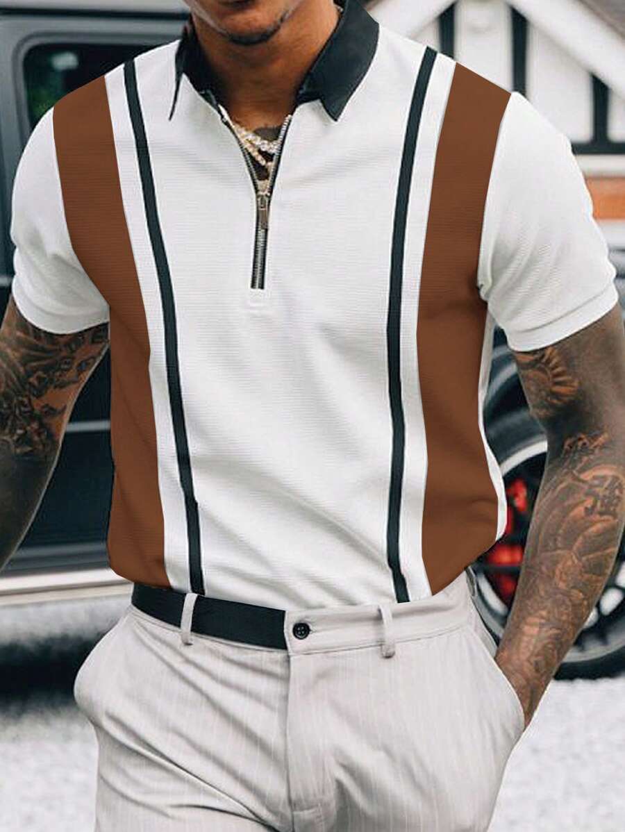 Manfinity Homme 男士撞色條紋印花1/4拉鍊POLO衫