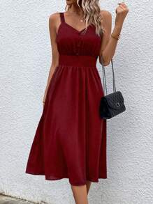 SHEIN Clasi Đầm Nút phía trước màu trơn Giải trí - Màu Đỏ Sâu - Xem 1