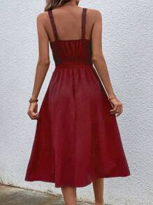 SHEIN Clasi Đầm Nút phía trước màu trơn Giải trí - Màu Đỏ Sâu - Xem 2