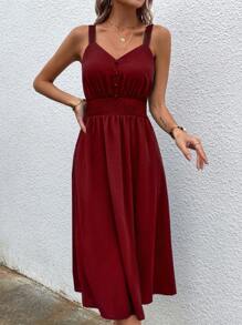 SHEIN Clasi Đầm Nút phía trước màu trơn Giải trí - Màu Đỏ Sâu - Xem 3