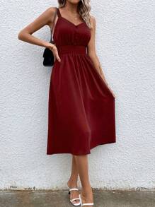 SHEIN Clasi Đầm Nút phía trước màu trơn Giải trí - Màu Đỏ Sâu - Xem 5