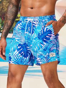 Manfinity 男士熱帶圖案腰部抽繩泳褲