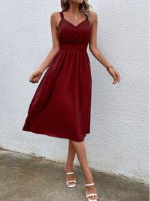 SHEIN Clasi Đầm Nút phía trước màu trơn Giải trí - Màu Đỏ Sâu - Xem 6