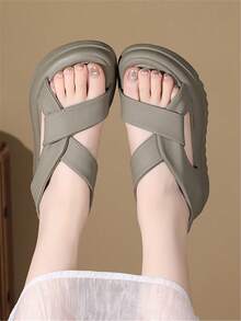 Women Twist Detail Slingback Flatform Sandals, Elegant Grey Sandals For Summer - Army Green - View 3