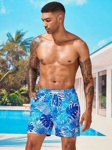 Manfinity 男士熱帶圖案腰部抽繩泳褲